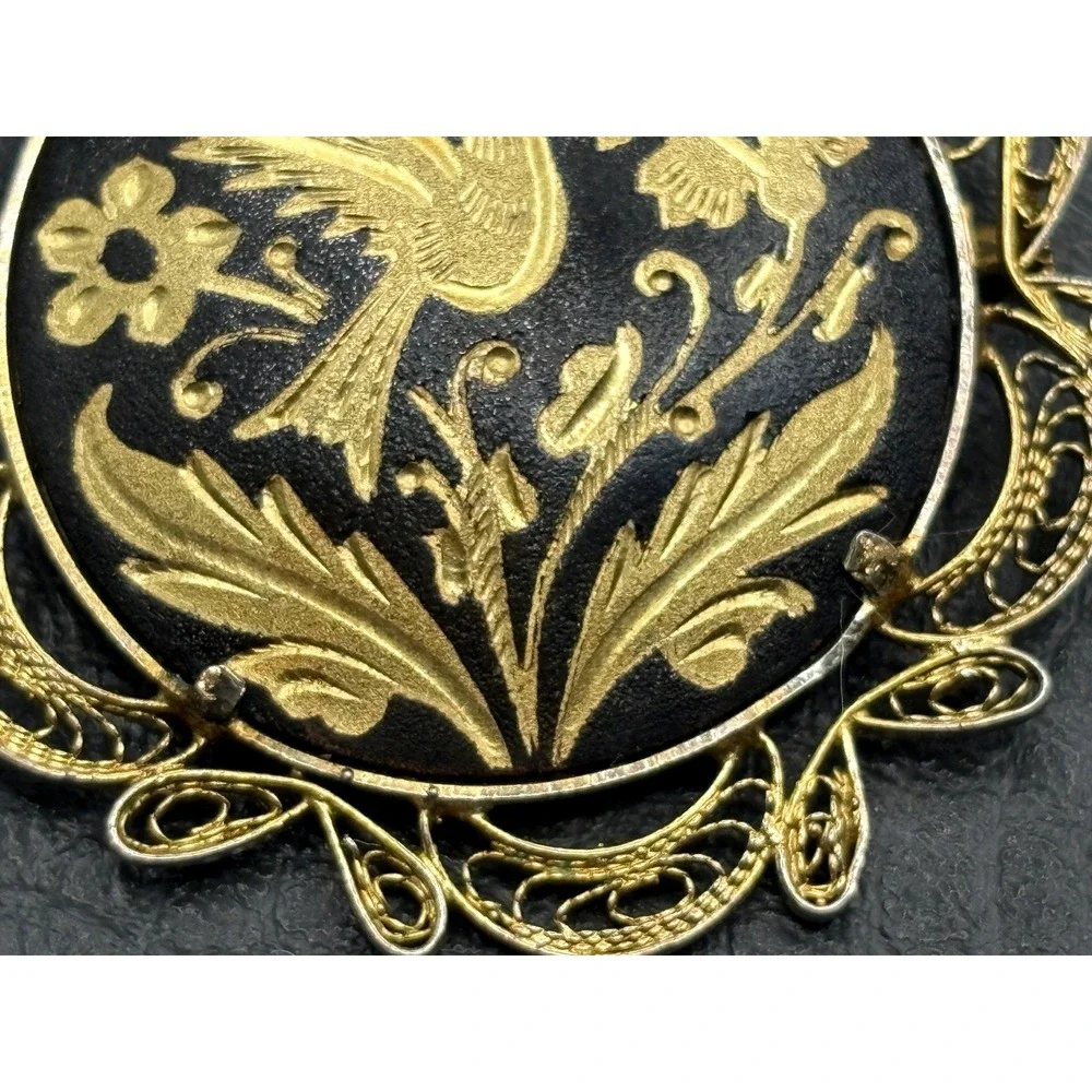 Vintage Damascene Bird Black Enamel Flower Brooch Filigree Gold Tone